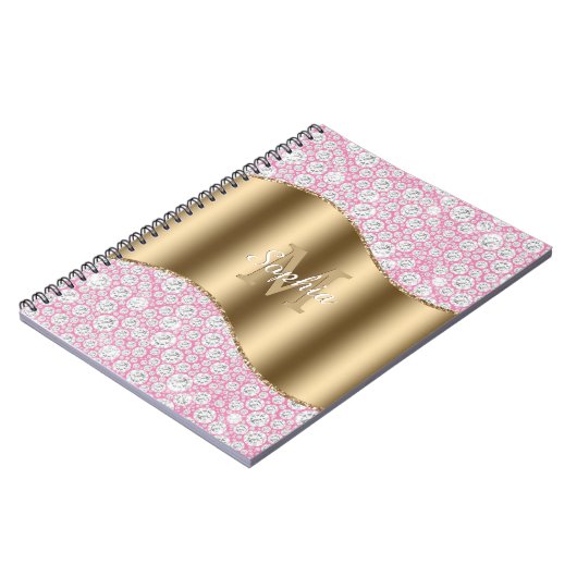 Glam Diamonds op Roze, Gouden Monogram, Script Naa Notitieboek (Linkerzijde)