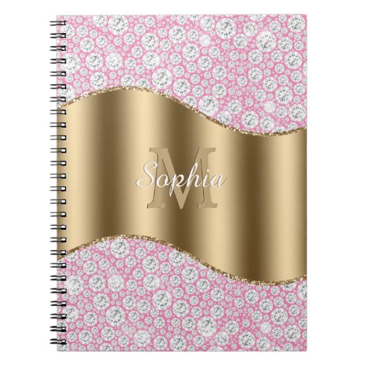 Glam Diamonds op Roze, Gouden Monogram, Script Naa Notitieboek (Voorkant)