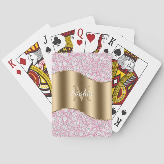 Glam Diamonds op Roze, Gouden Monogram, Script Naa Pokerkaarten (Achterkant)