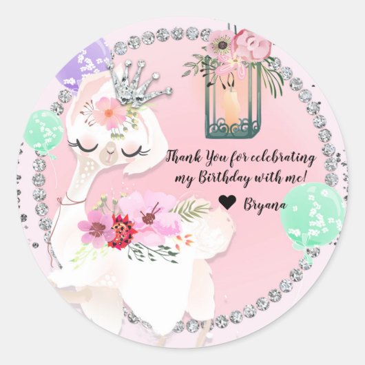 Glam Diva Llama Prinses Whimsical Verjaardagsfeest Ronde Sticker (Voorkant)