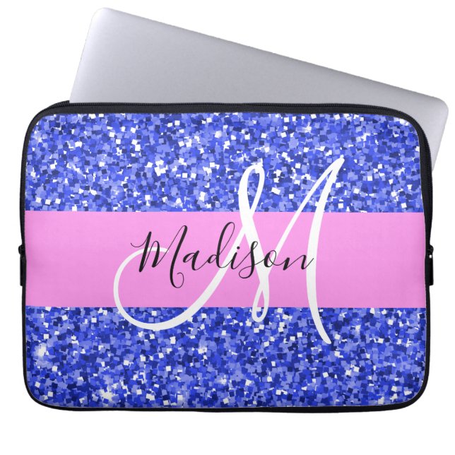 Glam Donkerblauw Roze Glitters Schitterende Naam M Laptop Sleeve (Voorkant)