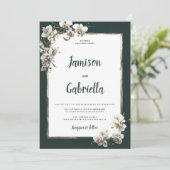 Glam donkergroen goud wit orchidee bloem bruiloft kaart (Staand voorkant)