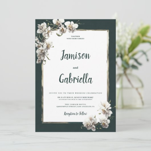 Glam donkergroen goud wit orchidee bloem bruiloft kaart (Staand voorkant)