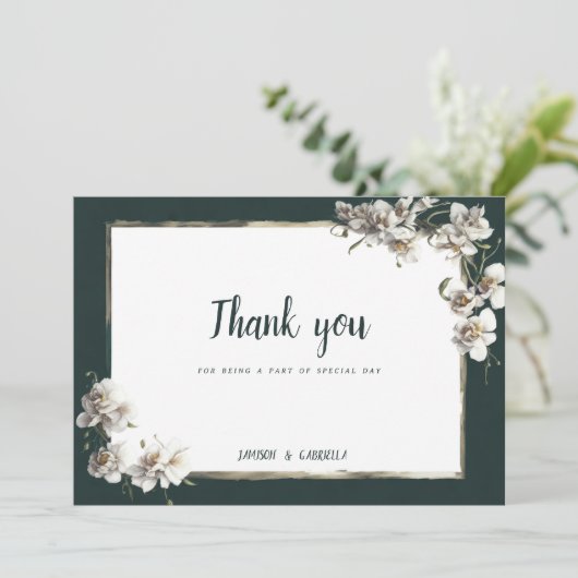 Glam donkergroen goud wit orchidee bloem Dank u Kaart (Staand voorkant)