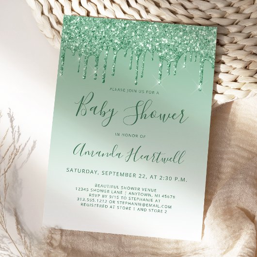 Glam Dripping Glitter Green Baby shower Invitation