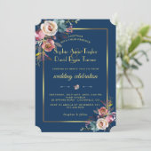 Glam Dusty Blue Floral Golden Lijst Wedding Kaart (Staand voorkant)