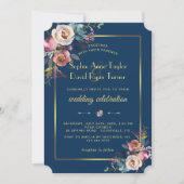 Glam Dusty Blue Floral Golden Lijst Wedding Kaart (Voorkant)