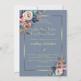 Glam Dusty Blue Pink Floral Gold Lijst Wedding Kaart