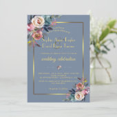 Glam Dusty Blue Pink Floral Gold Lijst Wedding Kaart (Staand voorkant)