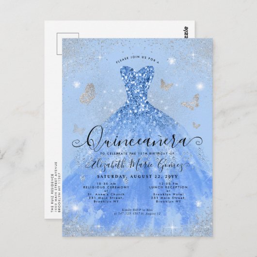 Glam Dusty Blue Silver Glitter Gown Quinceanera Briefkaart (Voorkant / Achterkant)
