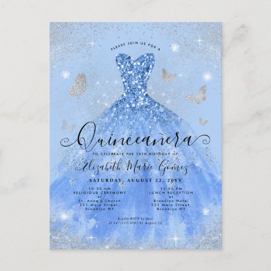 Glam Dusty Blue Silver Glitter Gown Quinceanera Briefkaart (Voorkant)