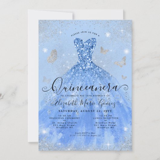 Glam Dusty Blue Silver Glitter Gown Quinceanera Kaart (Voorkant)