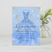 Glam Dusty Blue Silver Glitter Gown Quinceanera Kaart (Staand voorkant)