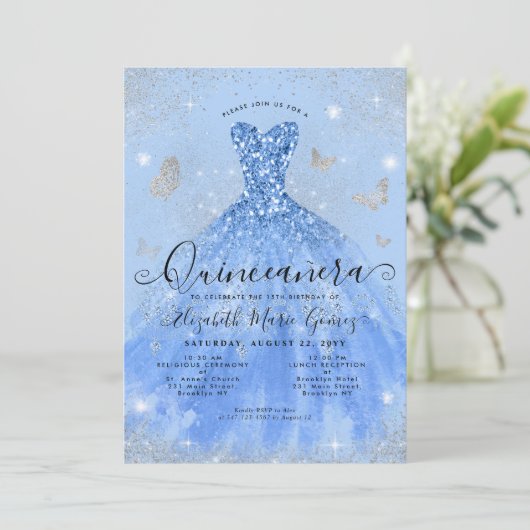 Glam Dusty Blue Silver Glitter Gown Quinceanera Kaart (Staand voorkant)