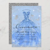 Glam Dusty Blue Silver Glitter Gown Quinceanera Kaart (Voorkant / Achterkant)