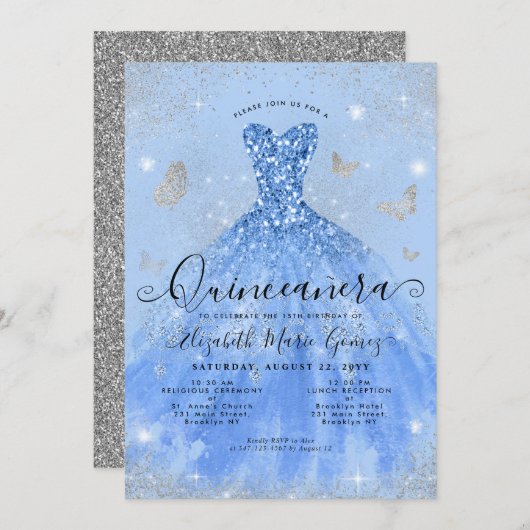 Glam Dusty Blue Silver Glitter Gown Quinceanera Kaart (Voorkant / Achterkant)