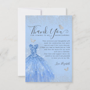 Glam Dusty Blue Silver Glitter Jurk Quinceanera Bedankkaart