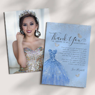 Glam Dusty Blue Silver Glitter Quinceanera Foto Bedankkaart