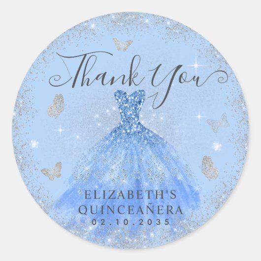 Glam Dusty Blue Silver Gown Quinceañera Dank u Ronde Sticker (Voorkant)