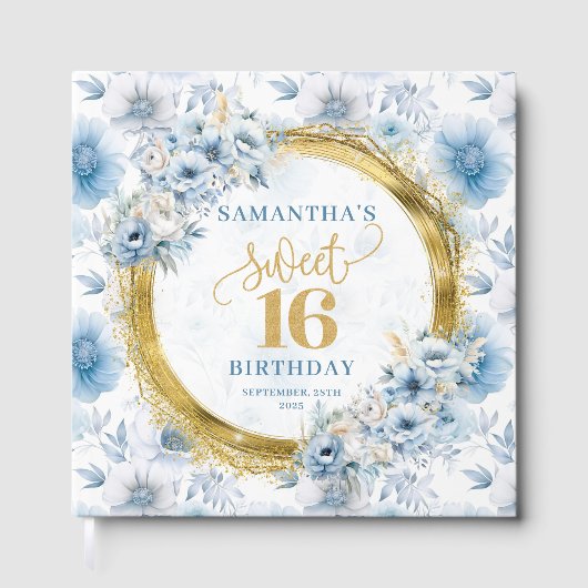 Glam Dusty Blue Sweet 16 Guest Book met Glitter Gastenboek (Voorkant)