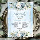 Glam Dusty Blue White Floral Gold Rehearsal Invite Kaart