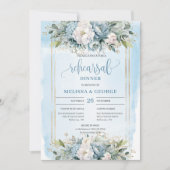 Glam Dusty Blue White Floral Gold Rehearsal Invite Kaart (Voorkant)