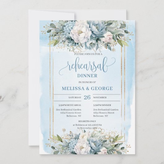 Glam Dusty Blue White Floral Gold Rehearsal Invite Kaart (Voorkant)