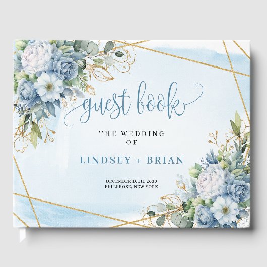 Glam Dusty Blue White Gold Flowers Guest Book Gastenboek (Voorkant)
