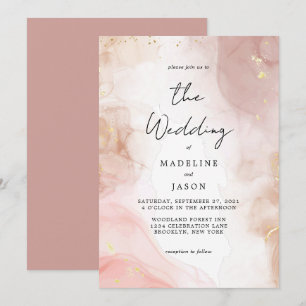 Glam Dusty Pink Waterverf Gold Fluid Ink Weddensch Kaart