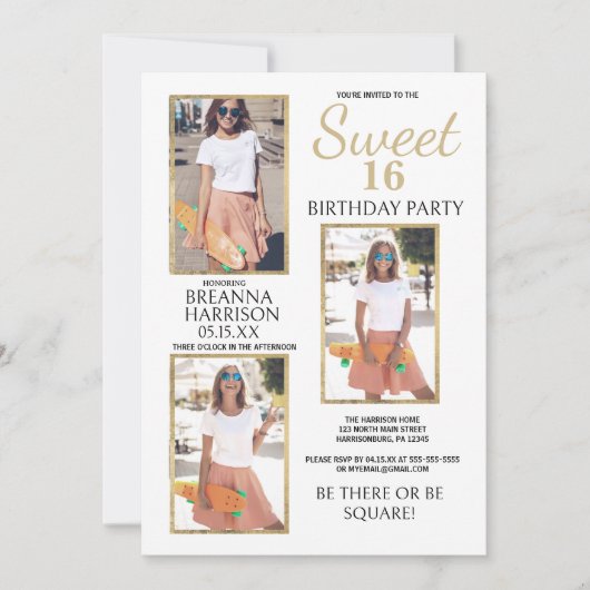 Glam Eenvoudig Elegant Wit Goud Foto Sweet 16 Kaart (Voorkant)