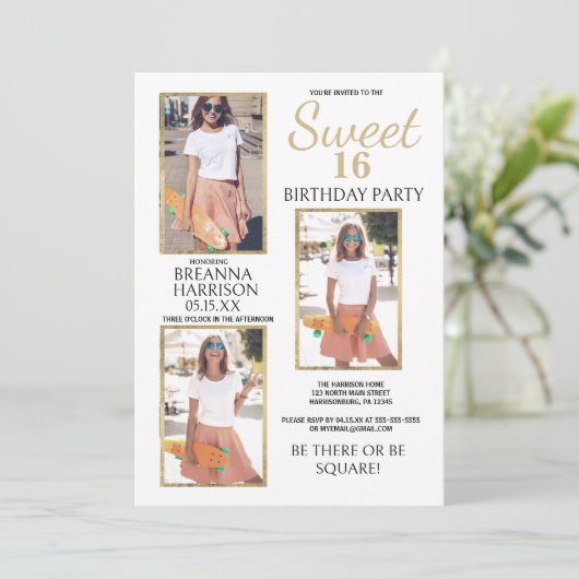 Glam Eenvoudig Elegant Wit Goud Foto Sweet 16 Kaart (Staand voorkant)