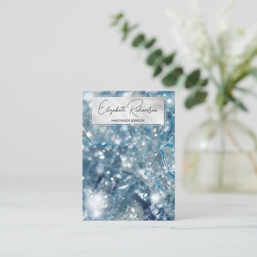 Glam Elegant Blauw Kristal Diamant Sieraden Displa Visitekaartje (Staand voorkant)