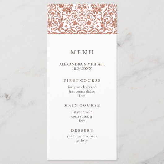 Glam Elegant Faux Roos Gouden Glitter Damask Menu (Voorkant)
