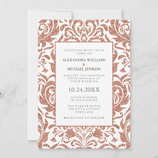 Glam Elegant Faux Roos Gouden Glitter Damast Bruil Kaart (Voorkant)