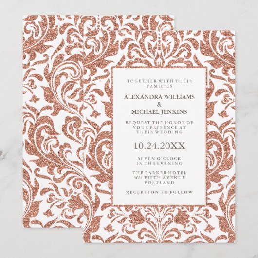 Glam Elegant Faux Roos Gouden Glitter Damast Bruil Kaart (Voorkant / Achterkant)