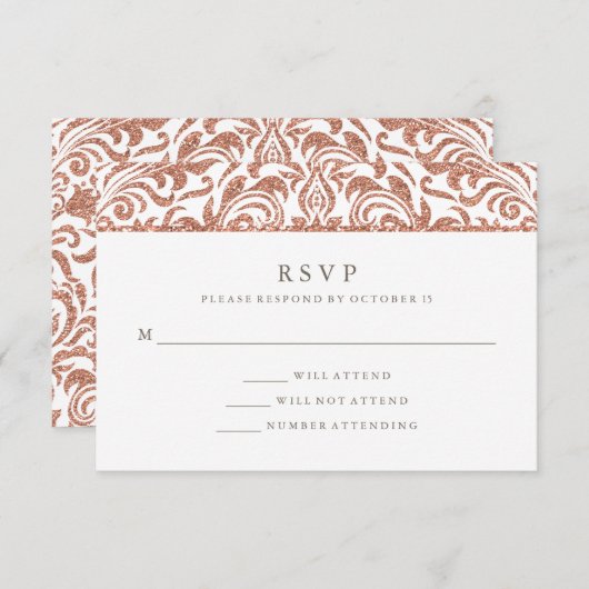 Glam Elegant Faux Roos Gouden Glitter Damast RSVP (Voorkant / Achterkant)