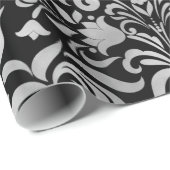 Glam Elegant Faux Silver Foil Damask op Black Cadeaupapier (Rol Hoek)