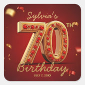 Glam Elegant Gold & Ruby Red Gems 70th Birthday Vierkante Sticker (Voorkant)