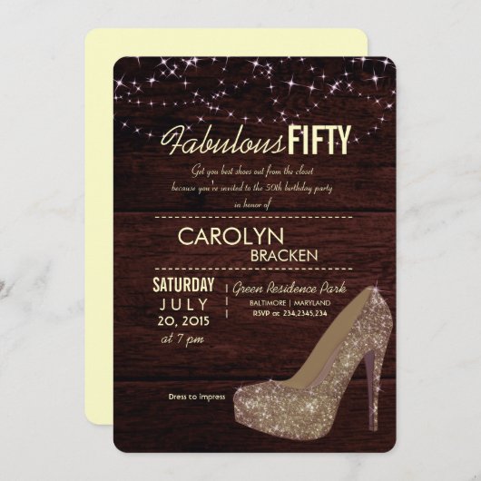 Glam Elegant High Heels 50th Birthday Party Invite Kaart (Voorkant / Achterkant)