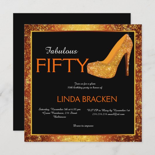 Glam Elegant High Heels 50th Birthday Party Invite Kaart (Voorkant / Achterkant)