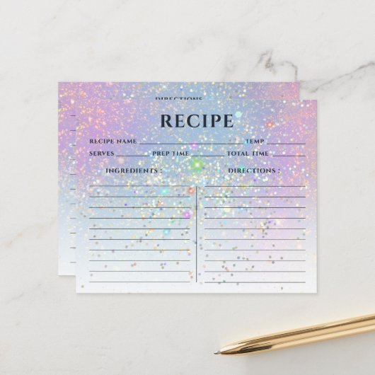 Glam Elegant holographic Gold Glitter Recipe Kaart (Voorkant / Achterkant in situ)
