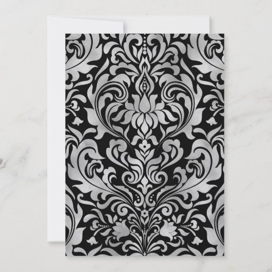 Glam Elegant Luxe Zilveren Damast op Zwarte Huweli Kaart (Achterkant)