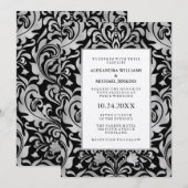 Glam Elegant Luxe Zilveren Damast op Zwarte Huweli Kaart (Voorkant / Achterkant)