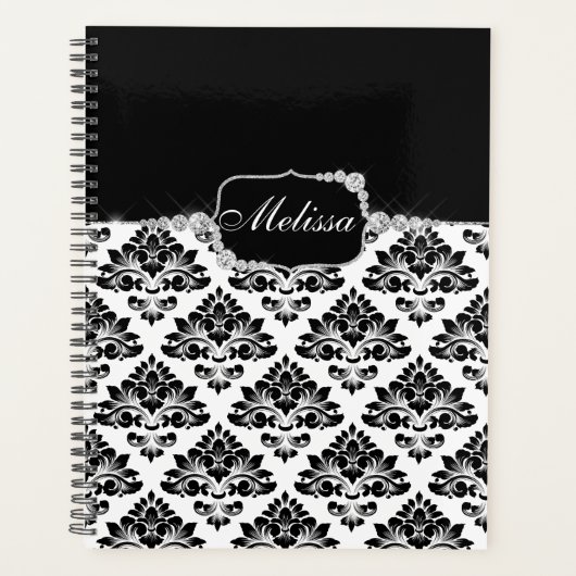 Glam Elegant Zwart Wit Damast Diamonds Badmat Planner (Voorkant)