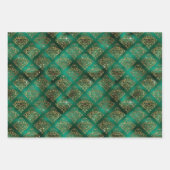 Glam Emerald Gold Damask Fans Shimmer Inpakpapier Vel (Voorkant)