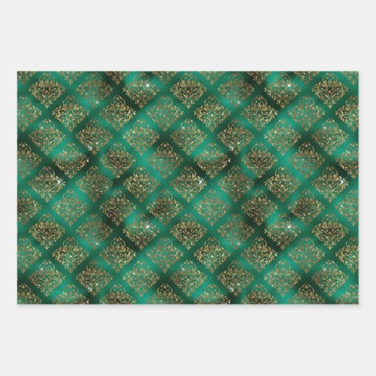 Glam Emerald Gold Damask Fans Shimmer Inpakpapier Vel (Voorkant)