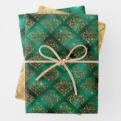 Glam Emerald Gold Damask Fans Shimmer Inpakpapier Vel (In situ)