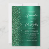Glam Emerald Green Brushed Metal QR Code Wedding Kaart (Voorkant)