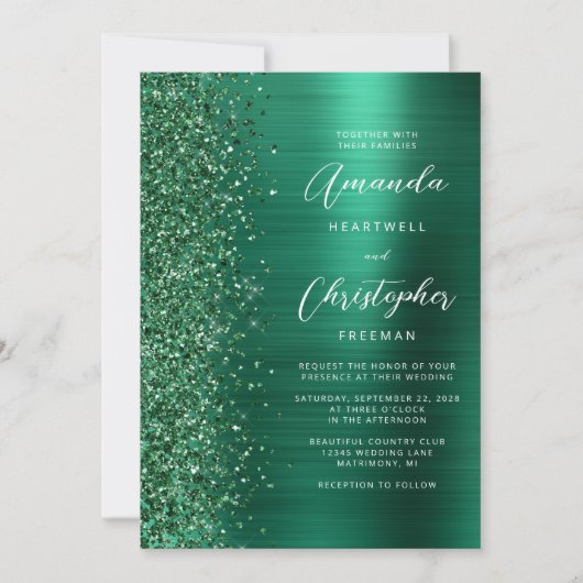 Glam Emerald Green Brushed Metal QR Code Wedding Kaart (Voorkant)