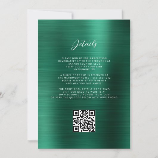 Glam Emerald Green Brushed Metal QR Code Wedding Kaart (Achterkant)